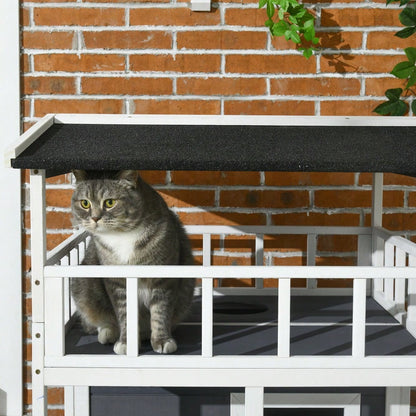 PawHut Katzenhaus 4-stöckig mit Toilette & Balkon, Katzenvilla aus Massivholz mit Asphaltdach & Treppe, grau, 78x76x140 cm
