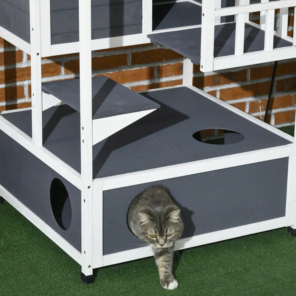 PawHut Katzenhaus 4-stöckig mit Toilette & Balkon, Katzenvilla aus Massivholz mit Asphaltdach & Treppe, grau, 78x76x140 cm