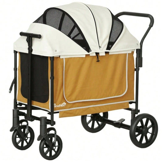 PawHut Hundebuggy klappbar für Hunde & Katzen bis 30 kg, Transportwagen mit Luftreifen, stabil, braun, 110x65x102 cm