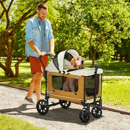 PawHut Hundebuggy klappbar für Hunde & Katzen bis 30 kg, Transportwagen mit Luftreifen, stabil, braun, 110x65x102 cm