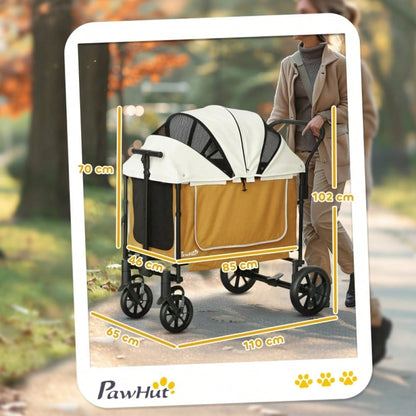 PawHut Hundebuggy klappbar für Hunde & Katzen bis 30 kg, Transportwagen mit Luftreifen, stabil, braun, 110x65x102 cm