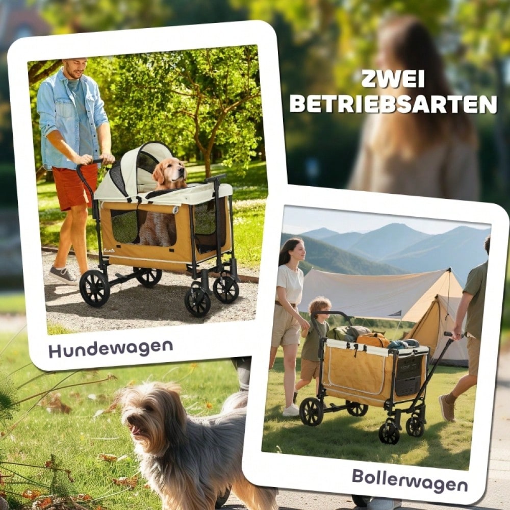 PawHut Hundebuggy klappbar für Hunde & Katzen bis 30 kg, Transportwagen mit Luftreifen, stabil, braun, 110x65x102 cm