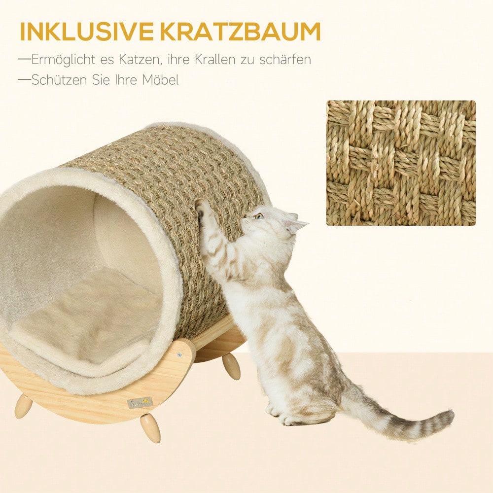 PawHut Katzenhöhle mit Regal - Kratzbaum, Kratzbrett, Schlafhöhle aus Kiefernholz - Katzenbett mit Flanell Bezug in Khaki, Natur & Beige, 41x38x43 cm