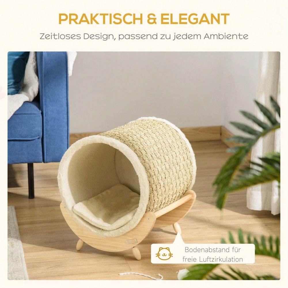 PawHut Katzenhöhle mit Regal - Kratzbaum, Kratzbrett, Schlafhöhle aus Kiefernholz - Katzenbett mit Flanell Bezug in Khaki, Natur & Beige, 41x38x43 cm