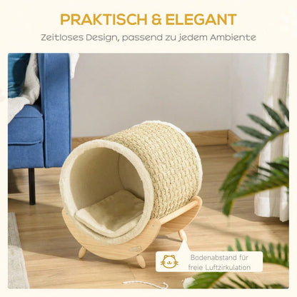 PawHut Katzenhöhle mit Regal - Kratzbaum, Kratzbrett, Schlafhöhle aus Kiefernholz - Katzenbett mit Flanell Bezug in Khaki, Natur & Beige, 41x38x43 cm