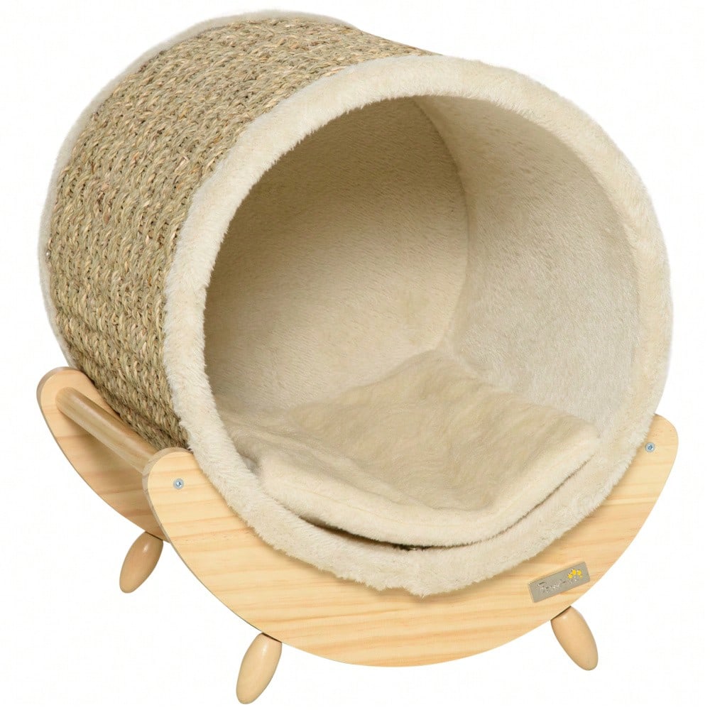 PawHut Katzenhöhle mit Regal - Kratzbaum, Kratzbrett, Schlafhöhle aus Kiefernholz - Katzenbett mit Flanell Bezug in Khaki, Natur & Beige, 41x38x43 cm