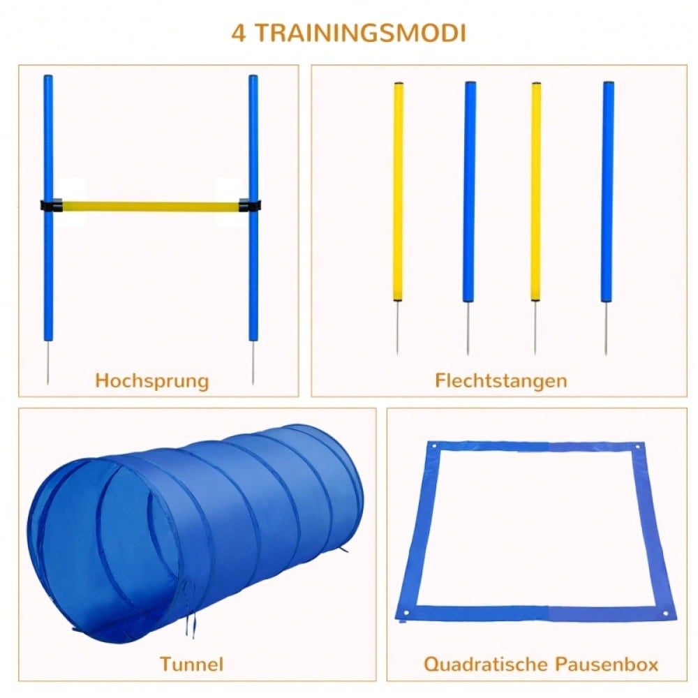 PawHut 5-teiliges Agility Set für Hunde - Höhenverstellbarer Parcours mit Tunnel, Slalomstangen, Hürden & Pause-Box - Komplettset mit Tragetasche für Hundetraining und Spiele im Freien