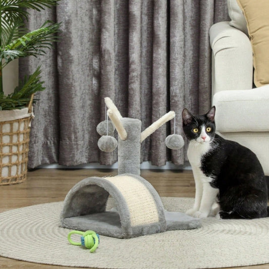 PawHut Kratzbaum Katzenturm mit Höhle, 40 cm - Kratzbaum für kleine und große Katzen mit Kratzmatte und 2 Spielbällen - Kletterbaum in Hellgrau