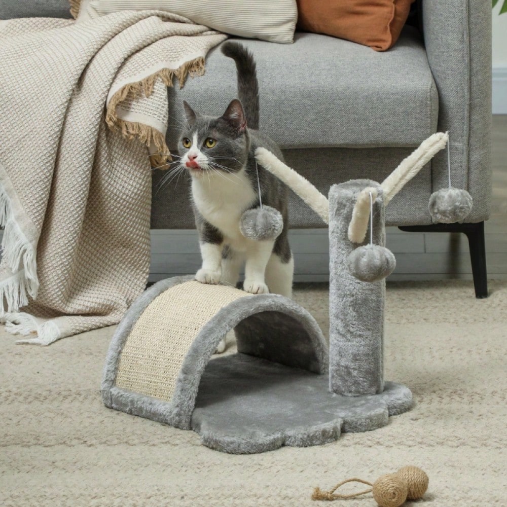 PawHut Kratzbaum Katzenturm mit Höhle, 40 cm - Kratzbaum für kleine und große Katzen mit Kratzmatte und 2 Spielbällen - Kletterbaum in Hellgrau