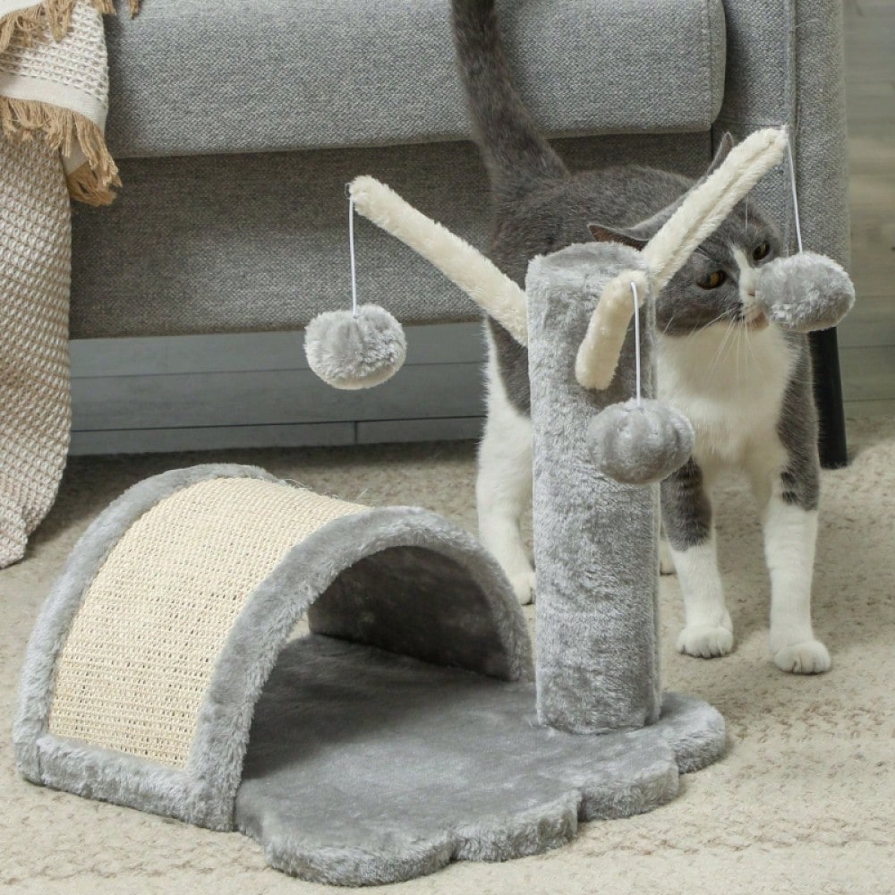 PawHut Kratzbaum Katzenturm mit Höhle, 40 cm - Kratzbaum für kleine und große Katzen mit Kratzmatte und 2 Spielbällen - Kletterbaum in Hellgrau