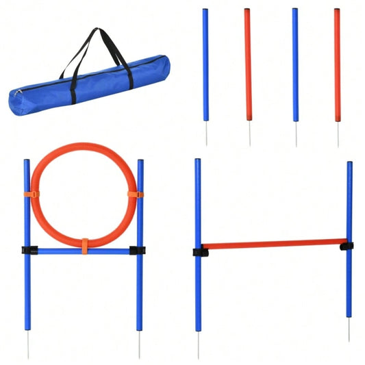 PawHut 3-in-1 Agility Set für Hunde - Trainingsgeräte mit Slalomstangen, Hürde & Sprungring - Komplettset für Hundesport & Agility-Training, Farbe: Blau/Rot