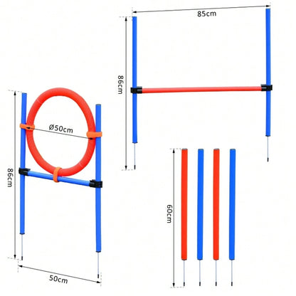PawHut 3-in-1 Agility Set für Hunde - Trainingsgeräte mit Slalomstangen, Hürde & Sprungring - Komplettset für Hundesport & Agility-Training, Farbe: Blau/Rot
