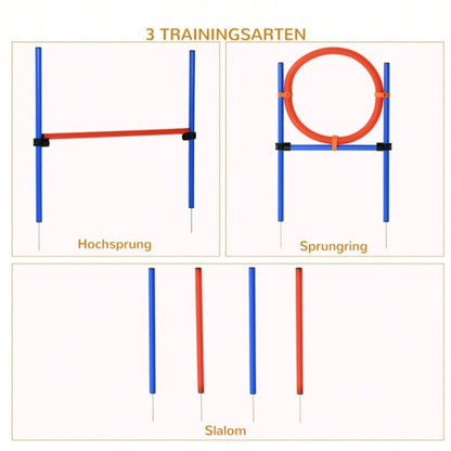 PawHut 3-in-1 Agility Set für Hunde - Trainingsgeräte mit Slalomstangen, Hürde & Sprungring - Komplettset für Hundesport & Agility-Training, Farbe: Blau/Rot