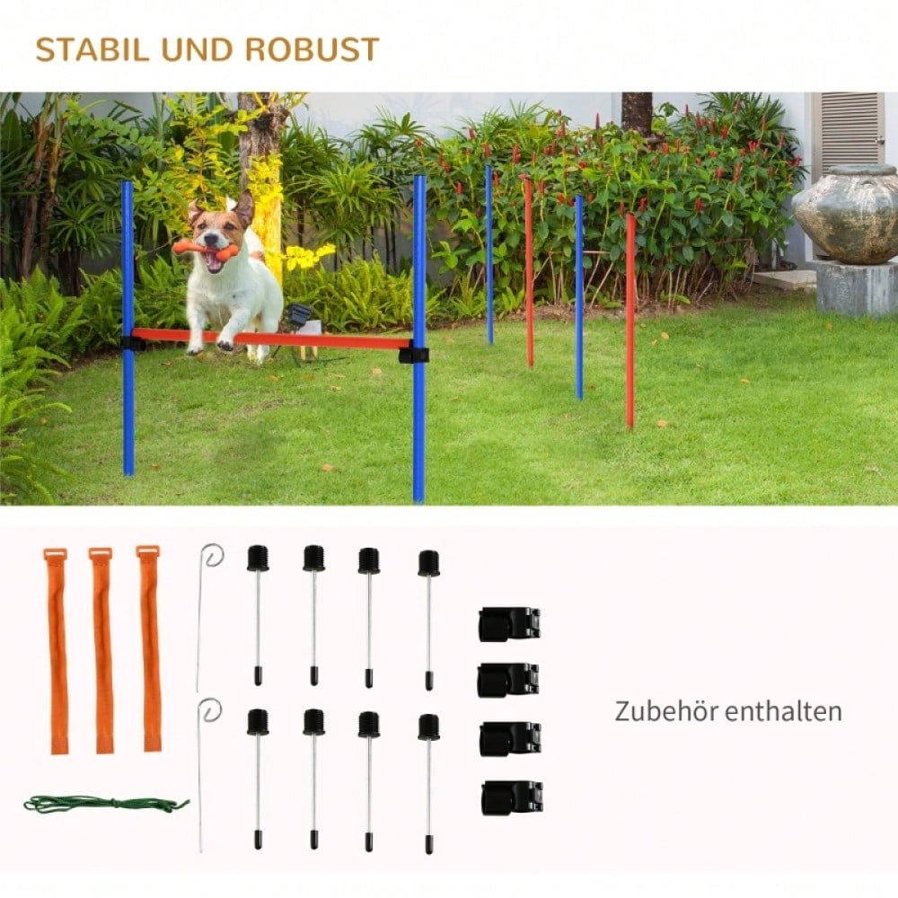 PawHut 3-in-1 Agility Set für Hunde - Trainingsgeräte mit Slalomstangen, Hürde & Sprungring - Komplettset für Hundesport & Agility-Training, Farbe: Blau/Rot