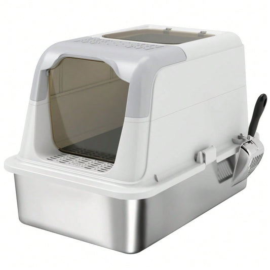 PawHut Geschlossene Katzentoilette mit Deckel - Katzentoilette vorne und oben begehbar, Edelstahl-Wanne - Inkl. Streuschaufel, für Katzen bis 15 kg, geruchsarm