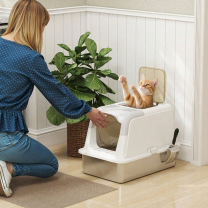 PawHut Geschlossene Katzentoilette mit Deckel - Katzentoilette vorne und oben begehbar, Edelstahl-Wanne - Inkl. Streuschaufel, für Katzen bis 15 kg, geruchsarm