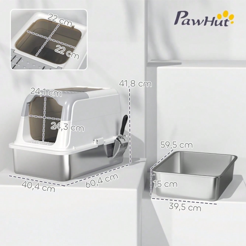 PawHut Geschlossene Katzentoilette mit Deckel - Katzentoilette vorne und oben begehbar, Edelstahl-Wanne - Inkl. Streuschaufel, für Katzen bis 15 kg, geruchsarm