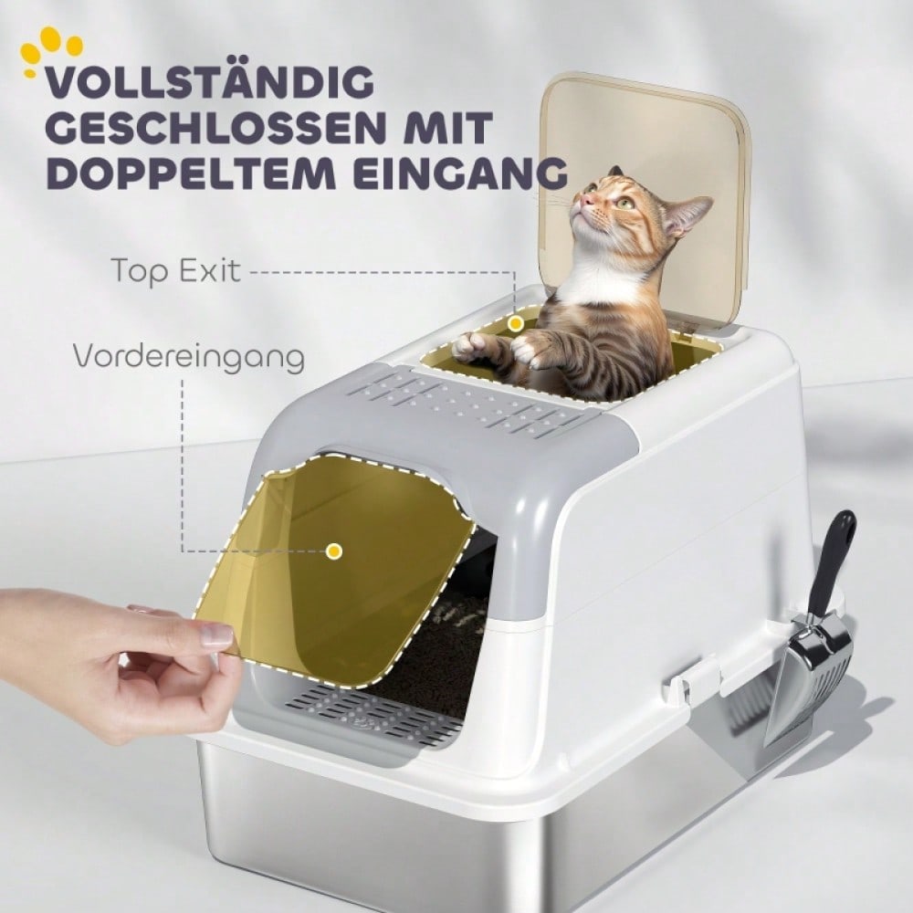 PawHut Geschlossene Katzentoilette mit Deckel - Katzentoilette vorne und oben begehbar, Edelstahl-Wanne - Inkl. Streuschaufel, für Katzen bis 15 kg, geruchsarm
