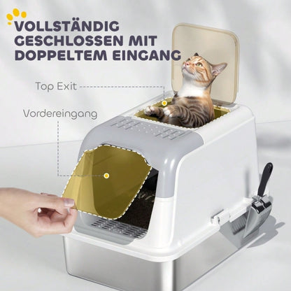 PawHut Geschlossene Katzentoilette mit Deckel - Katzentoilette vorne und oben begehbar, Edelstahl-Wanne - Inkl. Streuschaufel, für Katzen bis 15 kg, geruchsarm