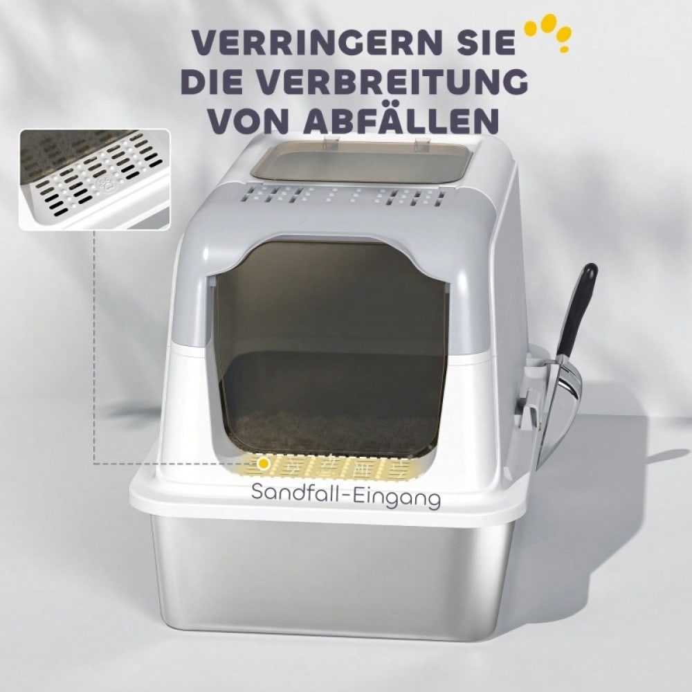 PawHut Geschlossene Katzentoilette mit Deckel - Katzentoilette vorne und oben begehbar, Edelstahl-Wanne - Inkl. Streuschaufel, für Katzen bis 15 kg, geruchsarm