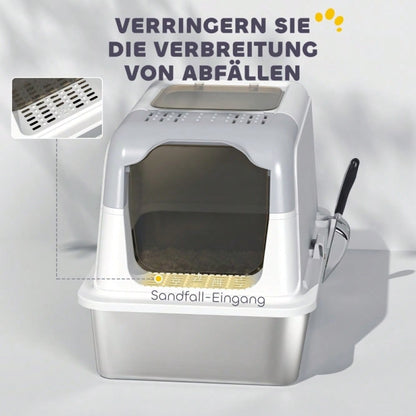 PawHut Geschlossene Katzentoilette mit Deckel - Katzentoilette vorne und oben begehbar, Edelstahl-Wanne - Inkl. Streuschaufel, für Katzen bis 15 kg, geruchsarm