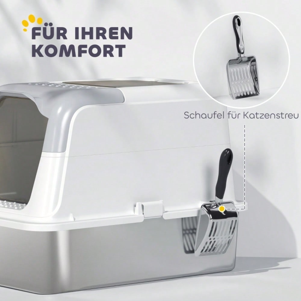 PawHut Geschlossene Katzentoilette mit Deckel - Katzentoilette vorne und oben begehbar, Edelstahl-Wanne - Inkl. Streuschaufel, für Katzen bis 15 kg, geruchsarm