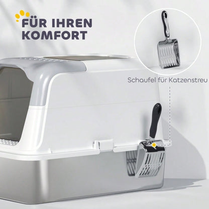 PawHut Geschlossene Katzentoilette mit Deckel - Katzentoilette vorne und oben begehbar, Edelstahl-Wanne - Inkl. Streuschaufel, für Katzen bis 15 kg, geruchsarm
