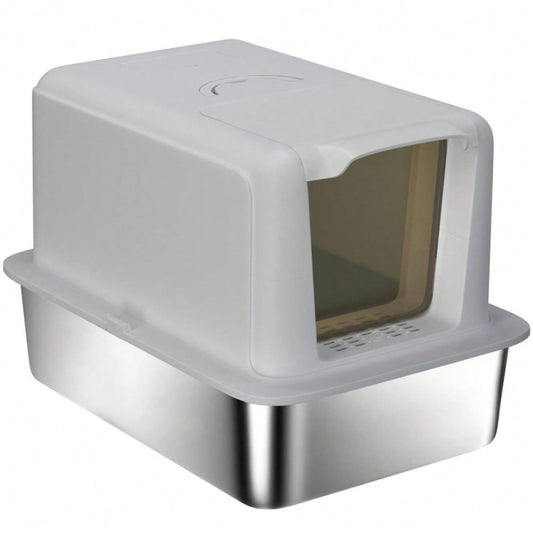 PawHut Geschlossene Katzentoilette mit Deckel - Katzentoilette mit Edelstahl-Wanne und Filter, inkl. Schaufel - Für kleine Katzen bis 6 kg, Maße: 40,5x60,5x41,5 cm (LxBxH), Farbe: Grau/Silber