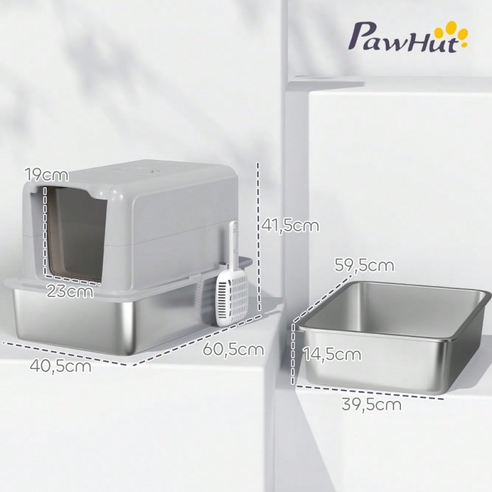 PawHut Geschlossene Katzentoilette mit Deckel - Katzentoilette mit Edelstahl-Wanne und Filter, inkl. Schaufel - Für kleine Katzen bis 6 kg, Maße: 40,5x60,5x41,5 cm (LxBxH), Farbe: Grau/Silber