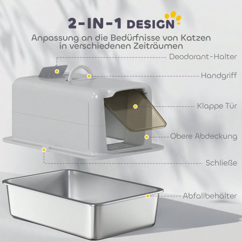 PawHut Geschlossene Katzentoilette mit Deckel - Katzentoilette mit Edelstahl-Wanne und Filter, inkl. Schaufel - Für kleine Katzen bis 6 kg, Maße: 40,5x60,5x41,5 cm (LxBxH), Farbe: Grau/Silber