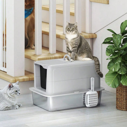 PawHut Geschlossene Katzentoilette mit Deckel - Katzentoilette mit Edelstahl-Wanne und Filter, inkl. Schaufel - Für kleine Katzen bis 6 kg, Maße: 40,5x60,5x41,5 cm (LxBxH), Farbe: Grau/Silber
