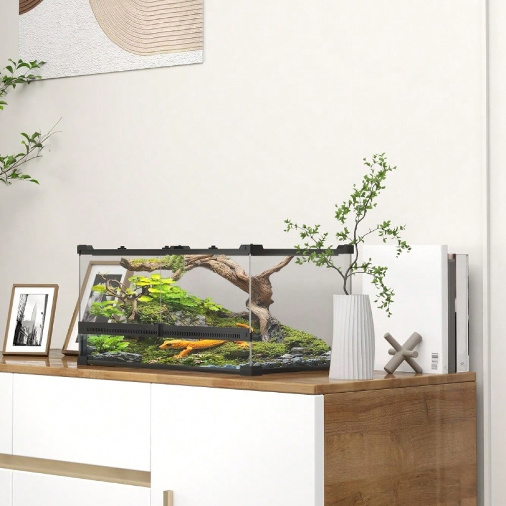 PawHut Wasserdichtes Reptilien-Terrarium - Erhöhter Boden & Sicherheits-Knopfschloss, Vollglas-Aquaterrarium - Ideal für wechselfeuchte Haltung