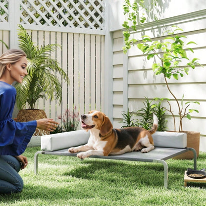 Hundebett Outdoor Erhöht, PawHut - Für mittelgroße Hunde mit L-Kissen - Wetterfeste Hundeliege für draußen, 110x75x30 cm, Hellgrau