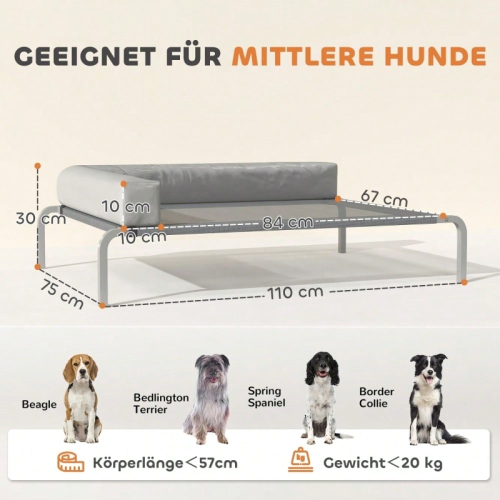 Hundebett Outdoor Erhöht, PawHut - Für mittelgroße Hunde mit L-Kissen - Wetterfeste Hundeliege für draußen, 110x75x30 cm, Hellgrau