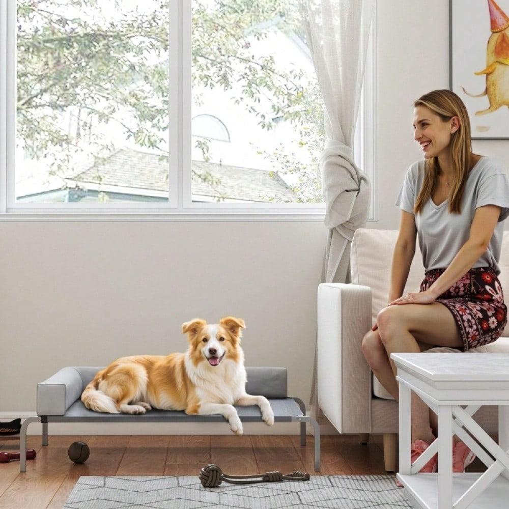 Hundebett Outdoor Erhöht, PawHut - Für mittelgroße Hunde mit L-Kissen - Wetterfeste Hundeliege für draußen, 110x75x30 cm, Hellgrau