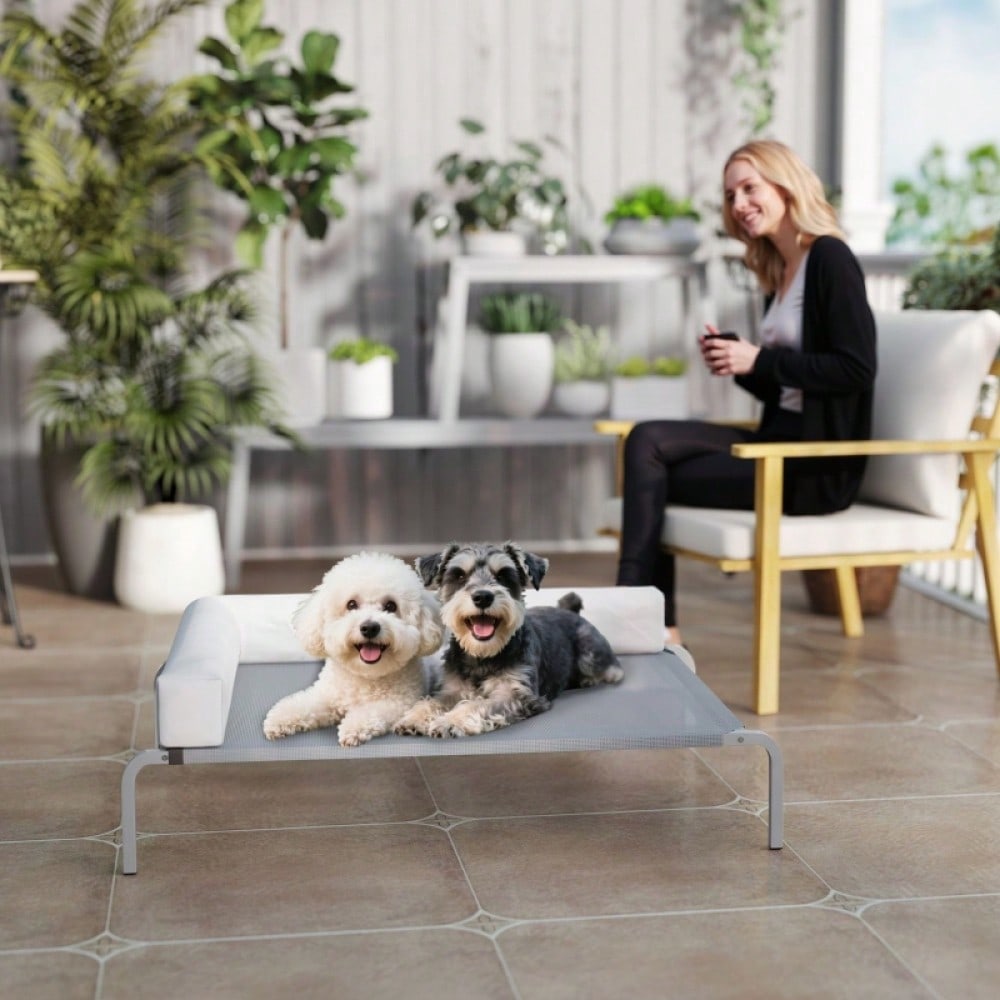 Hundebett Outdoor Erhöht, PawHut - Für mittelgroße Hunde mit L-Kissen - Wetterfeste Hundeliege für draußen, 110x75x30 cm, Hellgrau