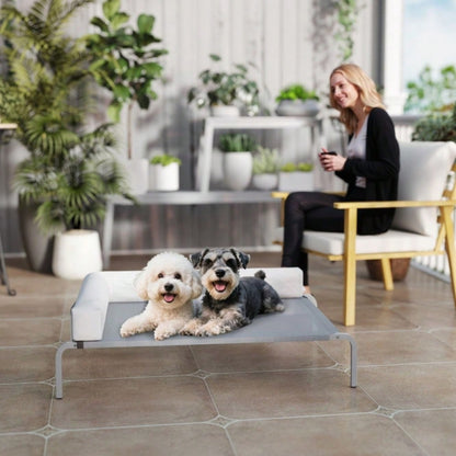 Hundebett Outdoor Erhöht, PawHut - Für mittelgroße Hunde mit L-Kissen - Wetterfeste Hundeliege für draußen, 110x75x30 cm, Hellgrau