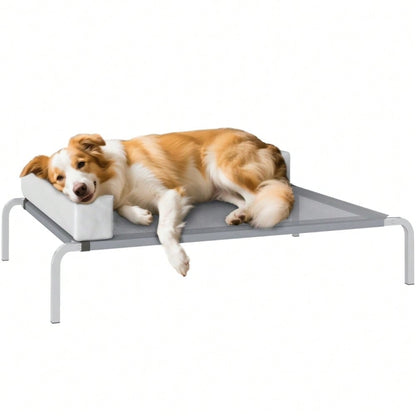 Hundebett Outdoor Erhöht, PawHut - Für mittelgroße Hunde mit L-Kissen - Wetterfeste Hundeliege für draußen, 110x75x30 cm, Hellgrau