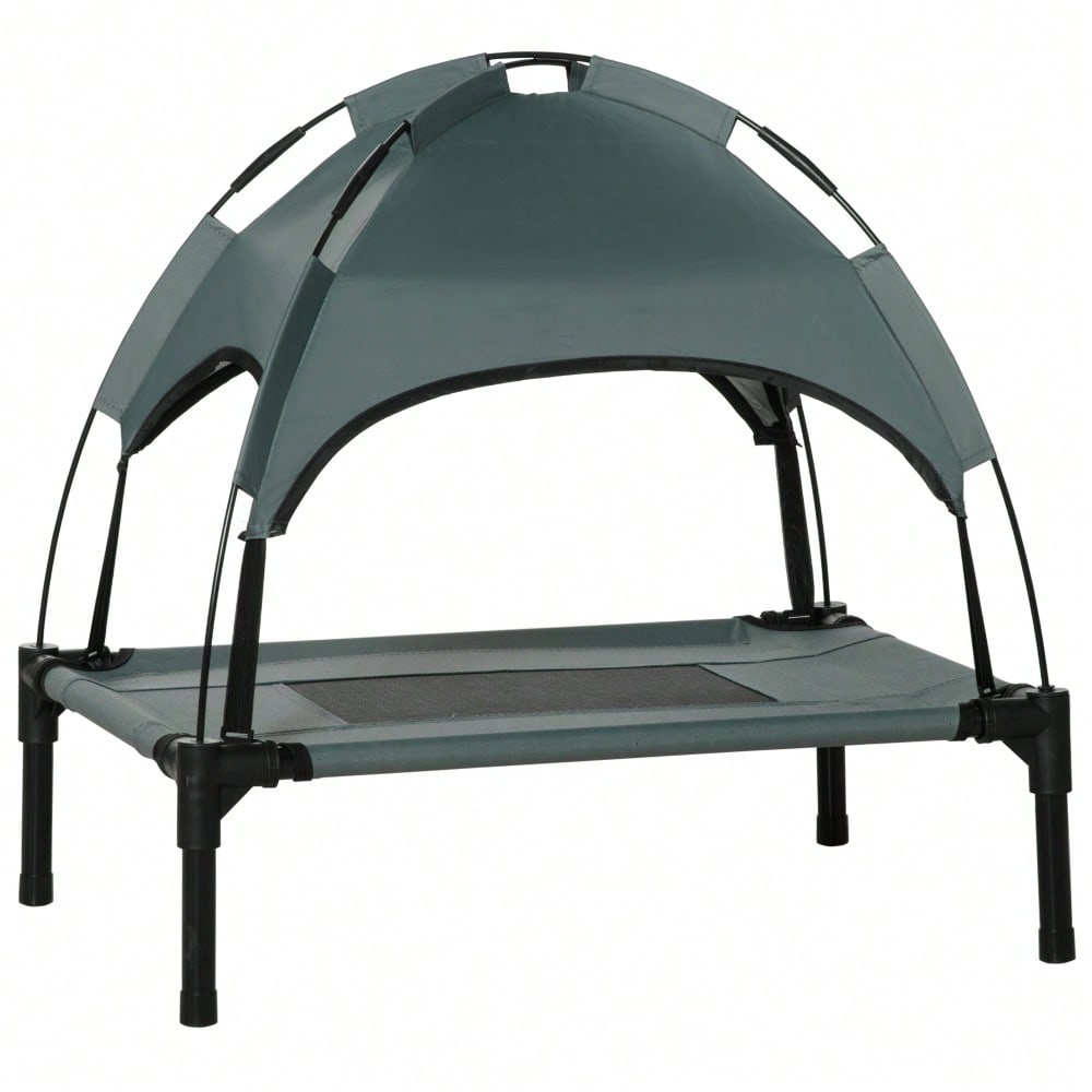 Hundebett Outdoor mit Dach, PawHut - Erhöhte Hundeliege mit Baldachin für Terrasse & Garten - Atmungsaktives, wetterfestes Haustierbett, 61x46x62 cm, Grau