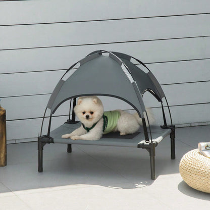 Hundebett Outdoor mit Dach, PawHut - Erhöhte Hundeliege mit Baldachin für Terrasse & Garten - Atmungsaktives, wetterfestes Haustierbett, 61x46x62 cm, Grau