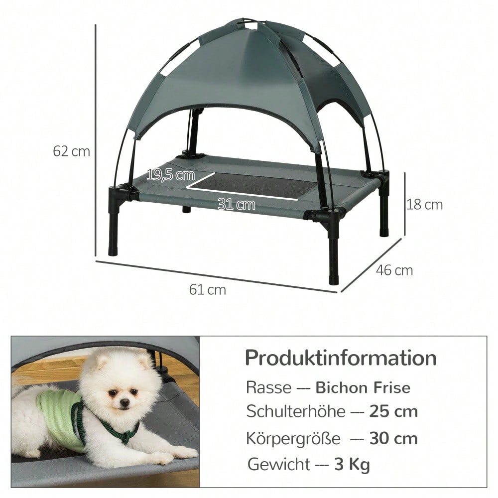 Hundebett Outdoor mit Dach, PawHut - Erhöhte Hundeliege mit Baldachin für Terrasse & Garten - Atmungsaktives, wetterfestes Haustierbett, 61x46x62 cm, Grau