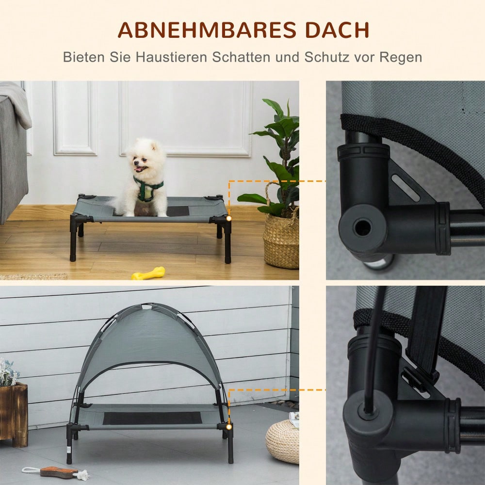 Hundebett Outdoor mit Dach, PawHut - Erhöhte Hundeliege mit Baldachin für Terrasse & Garten - Atmungsaktives, wetterfestes Haustierbett, 61x46x62 cm, Grau