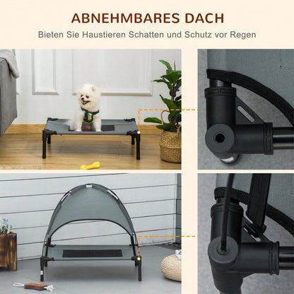 Hundebett Outdoor mit Dach, PawHut - Erhöhte Hundeliege mit Baldachin für Terrasse & Garten - Atmungsaktives, wetterfestes Haustierbett, 61x46x62 cm, Grau