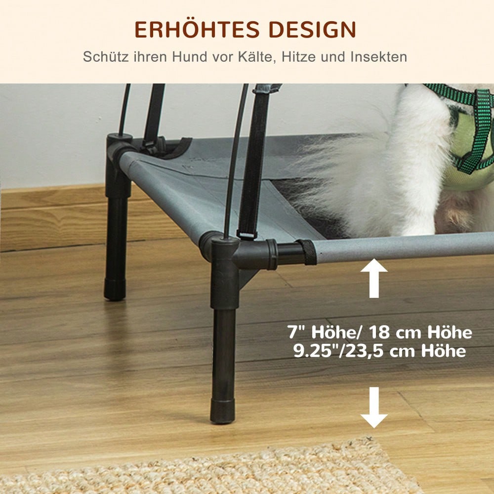 Hundebett Outdoor mit Dach, PawHut - Erhöhte Hundeliege mit Baldachin für Terrasse & Garten - Atmungsaktives, wetterfestes Haustierbett, 61x46x62 cm, Grau