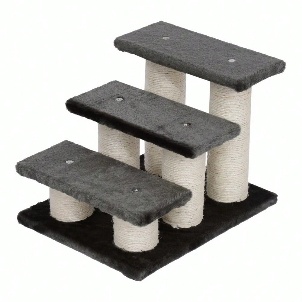 PawHut 3-stufige Tiertreppe für Hunde und Katzen - Treppe mit weichem Plüschbezug, dunkelgrau - Maße 45x35x34 cm (LxBxH), für Bett & Sofa, gelenkschonend
