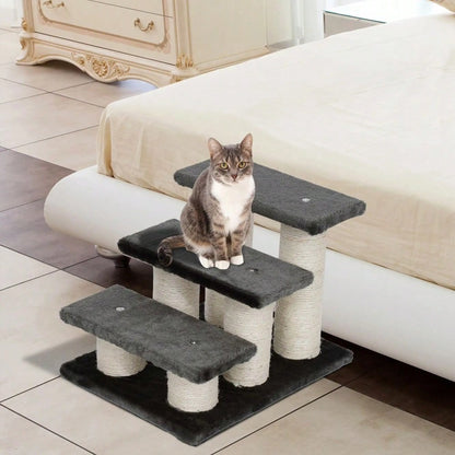 PawHut 3-stufige Tiertreppe für Hunde und Katzen - Treppe mit weichem Plüschbezug, dunkelgrau - Maße 45x35x34 cm (LxBxH), für Bett & Sofa, gelenkschonend