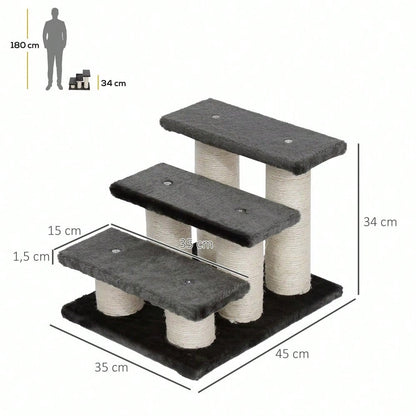 PawHut 3-stufige Tiertreppe für Hunde und Katzen - Treppe mit weichem Plüschbezug, dunkelgrau - Maße 45x35x34 cm (LxBxH), für Bett & Sofa, gelenkschonend