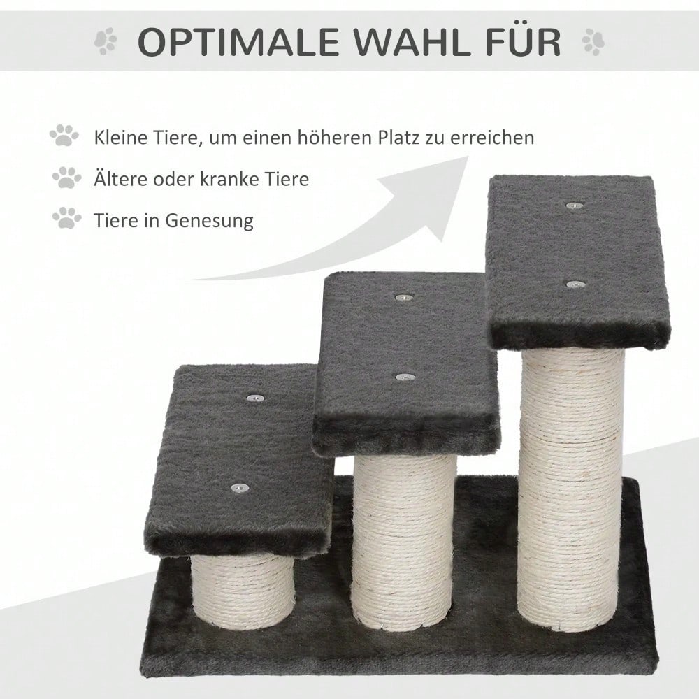 PawHut 3-stufige Tiertreppe für Hunde und Katzen - Treppe mit weichem Plüschbezug, dunkelgrau - Maße 45x35x34 cm (LxBxH), für Bett & Sofa, gelenkschonend