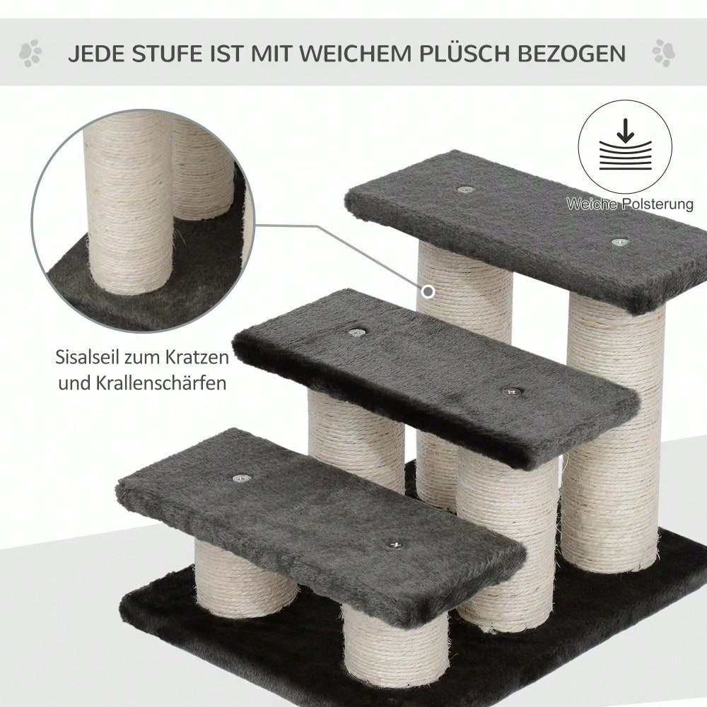 PawHut 3-stufige Tiertreppe für Hunde und Katzen - Treppe mit weichem Plüschbezug, dunkelgrau - Maße 45x35x34 cm (LxBxH), für Bett & Sofa, gelenkschonend