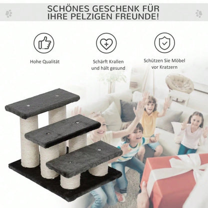 PawHut 3-stufige Tiertreppe für Hunde und Katzen - Treppe mit weichem Plüschbezug, dunkelgrau - Maße 45x35x34 cm (LxBxH), für Bett & Sofa, gelenkschonend